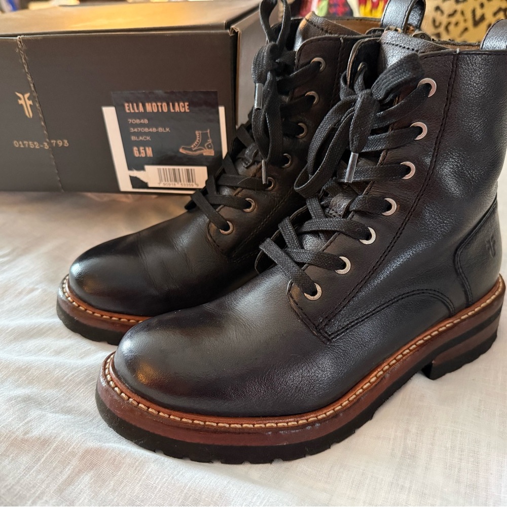 Frye Ella Moto Lace Black Leather Boots